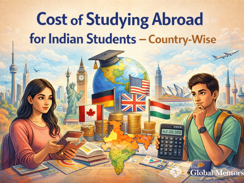 Cost of studying abroad for Indian students showing country-wise expenses, tuition fees, living costs, and global education planning