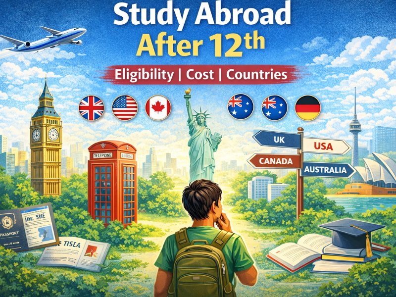 Indian student planning study abroad after 12th with global destinations, eligibility, costs, and country options illustrated