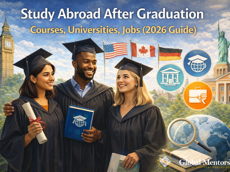 Graduates celebrating completion of studies with global landmarks, representing study abroad opportunities after graduation