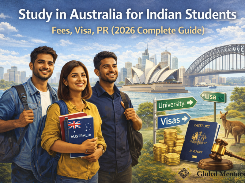 Indian students planning to study in Australia with universities, visa options, fees, and PR pathways illustrated in the background