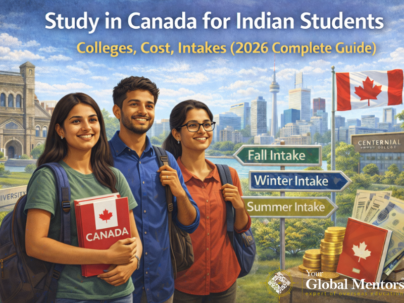 Indian students planning higher studies in Canada with university campuses, intake options, and cost factors illustrated in the background