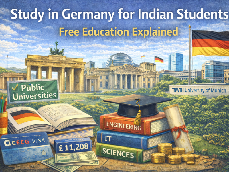 Illustration explaining free education in Germany with public universities, academic books, visa requirements, and living cost elements