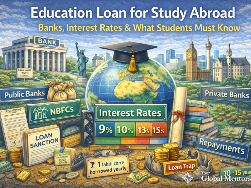 Illustration explaining education loans for study abroad, showing banks, interest rates, loan approval, repayment timelines, and global education planning