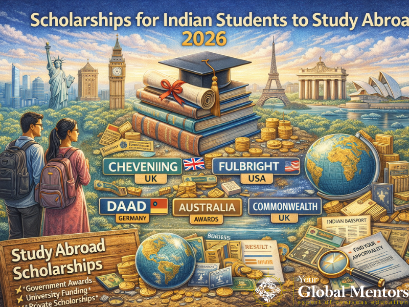 Illustration showing study abroad scholarships for Indian students with global landmarks, academic symbols, and major funding options