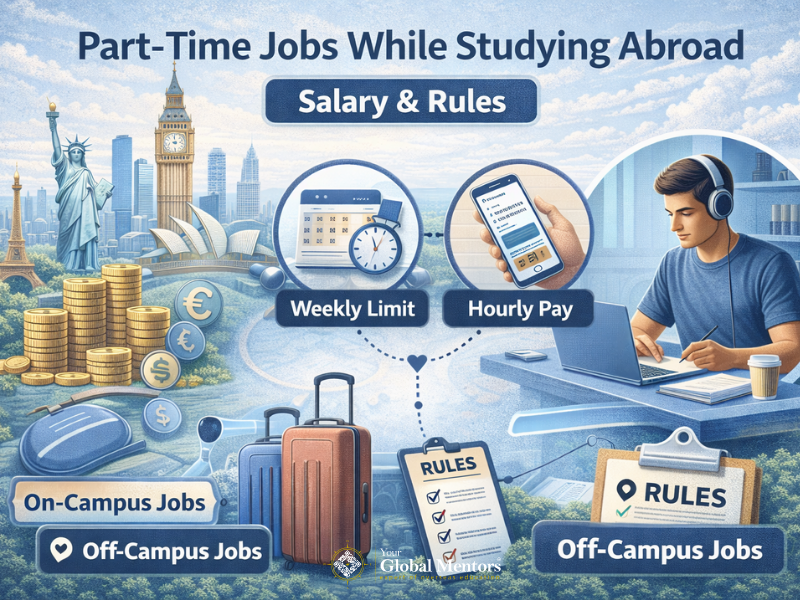 Infographic explaining part-time jobs while studying abroad, showing salary ranges, weekly work limits, and on-campus vs off-campus rules