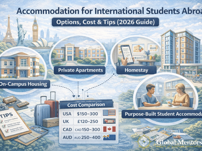 Infographic explaining accommodation options for international students abroad, including on-campus housing, private rentals, costs, and safety tips