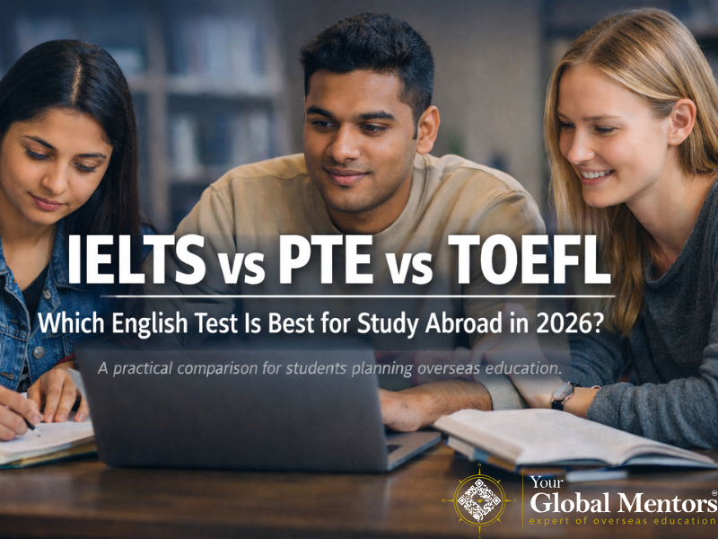 Students comparing IELTS, PTE and TOEFL options while preparing for study abroad in 2026