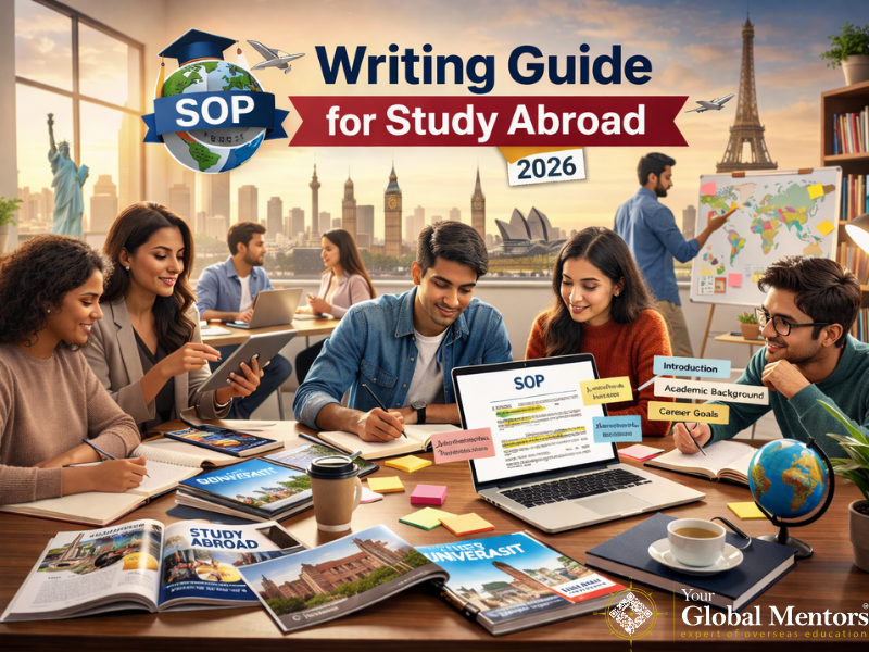 Indian students preparing Statement of Purpose for study abroad in 2026 with laptops, books, and university research materials.