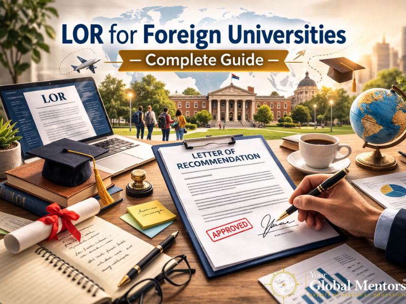 Students discussing a Letter of Recommendation (LOR) with professor for foreign university admission guidance.