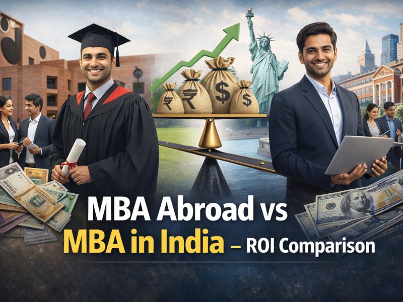MBA Abroad vs MBA in India ROI comparison showing graduates, global career opportunities, salary growth, and financial return comparison between international and Indian MBA programs.
