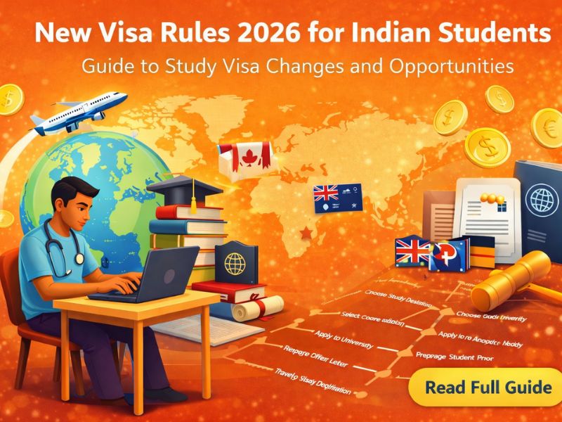 Illustration of an Indian student preparing to study abroad under the new visa rules and opportunities for international education in 2026.