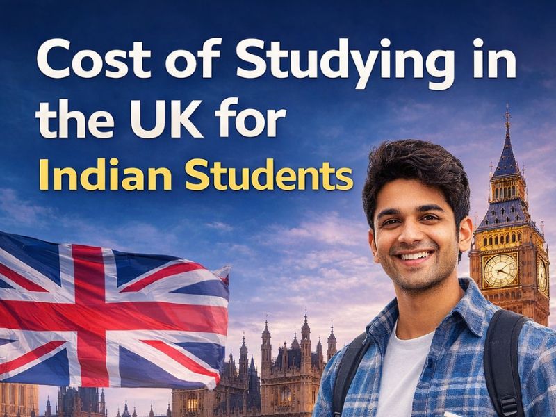Indian student holding books in front of Big Ben with UK flag, highlighting cost of studying in the UK including tuition fees, living expenses, scholarships, and savings tips.