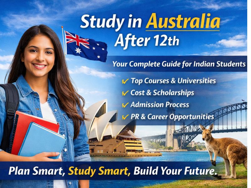 Indian student holding books with Sydney Opera House and Harbour Bridge in the background
