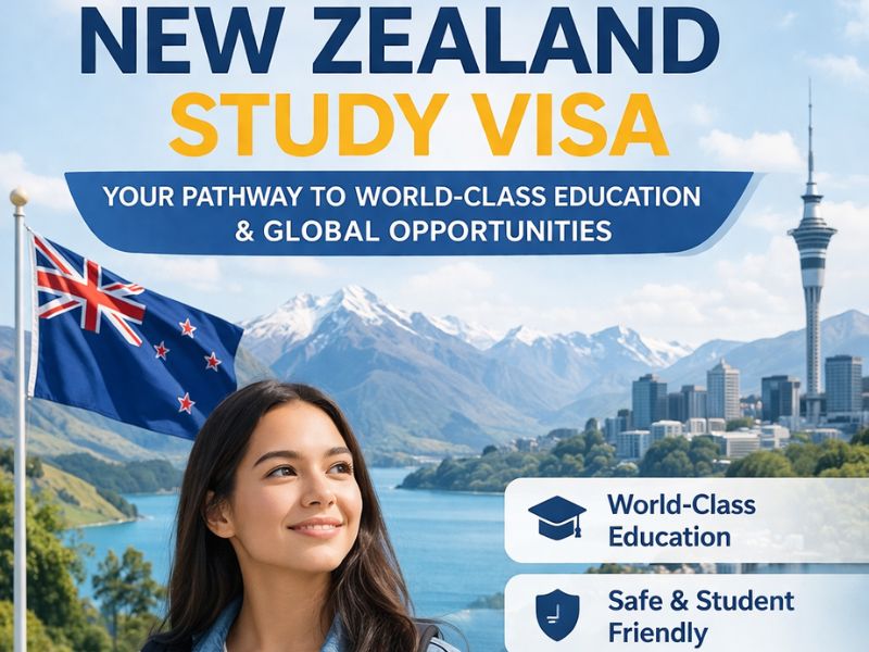 Professional infographic of New Zealand Study Visa showing requirements, process steps, costs, and student work opportunities with a modern design and scenic background.