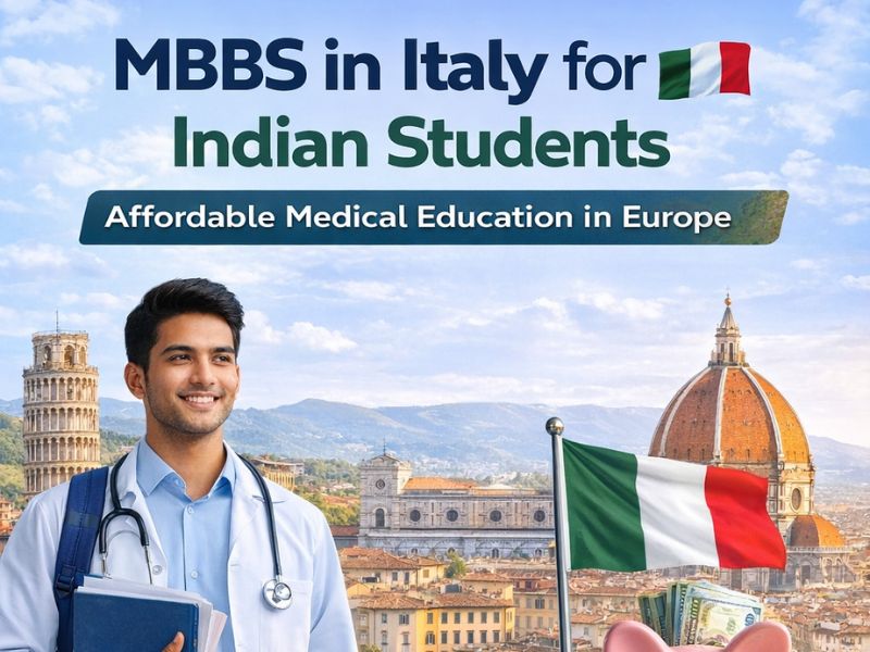 MBBS in Italy infographic for Indian students showing low fees, scholarships, IMAT exam, and globally recognized medical degree with career options.