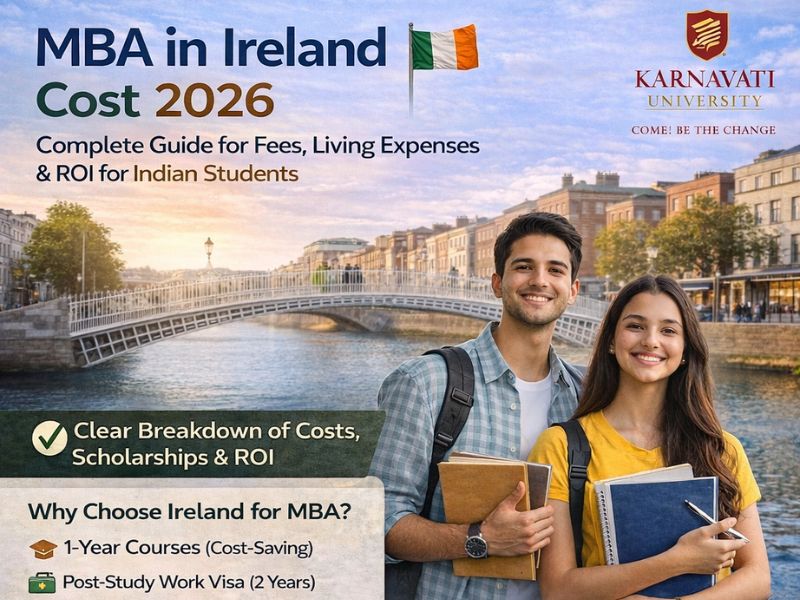 fografis profesional tentang biaya MBA di Irlandia 2026 dengan latar kota Dublin, menampilkan rincian biaya kuliah, biaya hidup, perbandingan negara, serta tips hemat dan peluang karier.”