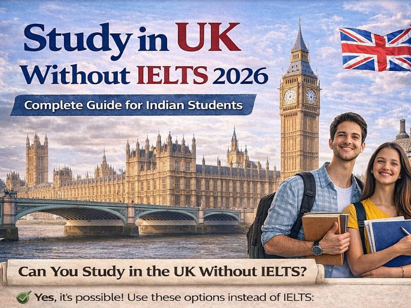 study in UK without IELTS 2026, featuring UK landmarks, students, and alternative options like MOI, interviews, and tests.**