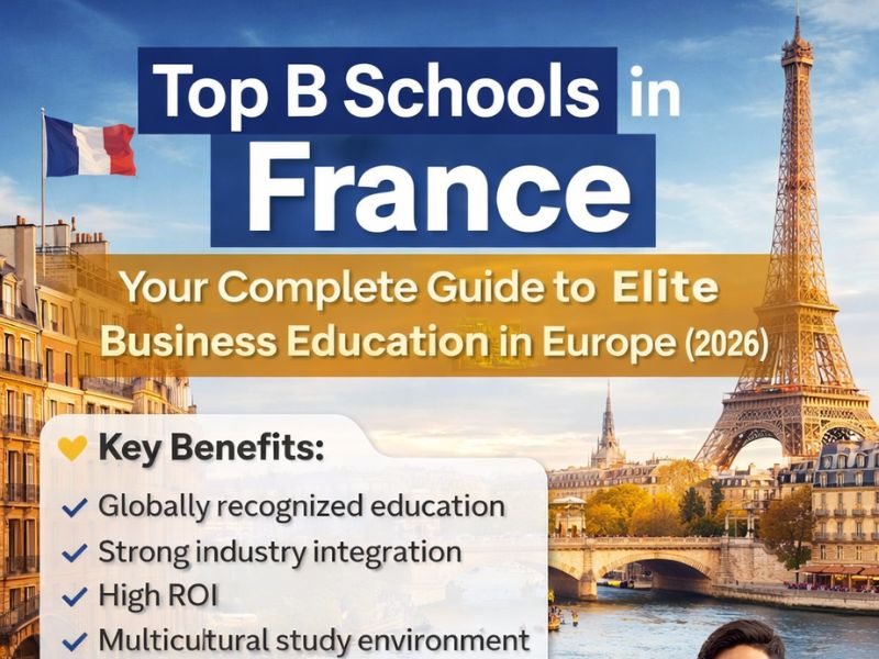 Top B Schools in France guide showing business students, modern campus environment, and global career opportunities in MBA and management education in France.**
