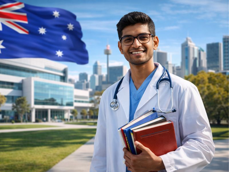 The cost of an MBBS in Australia shows international medical students studying on campus with a hospital background and a modern healthcare education environment.
