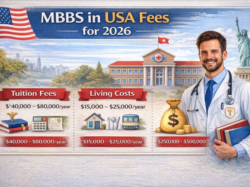 Doctor career infographic highlighting MBBS fees and study cost in USA