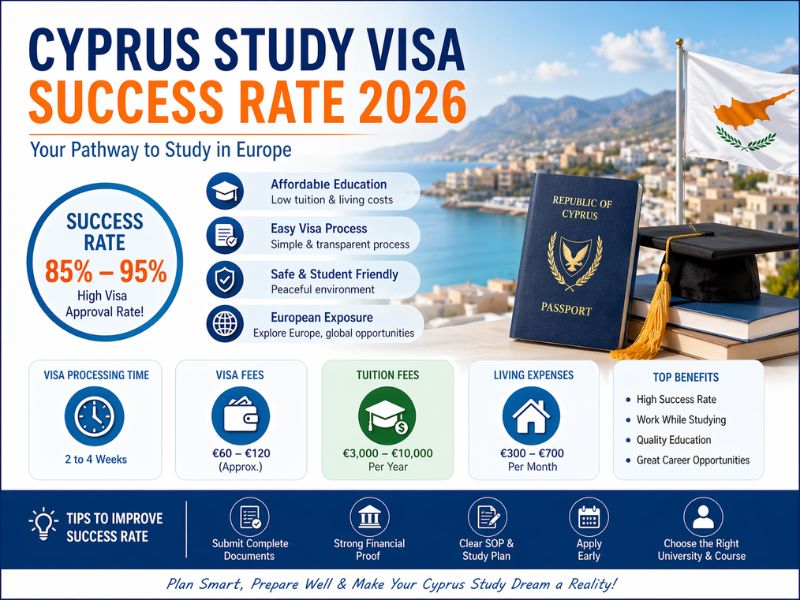 Cyprus study visa success rate 2026 infographic showing 85–95 percent approval rate, visa fees, tuition cost, and benefits of studying in Cyprus.