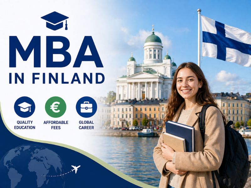 MBA in Finland study abroad banner with fees and career highlights