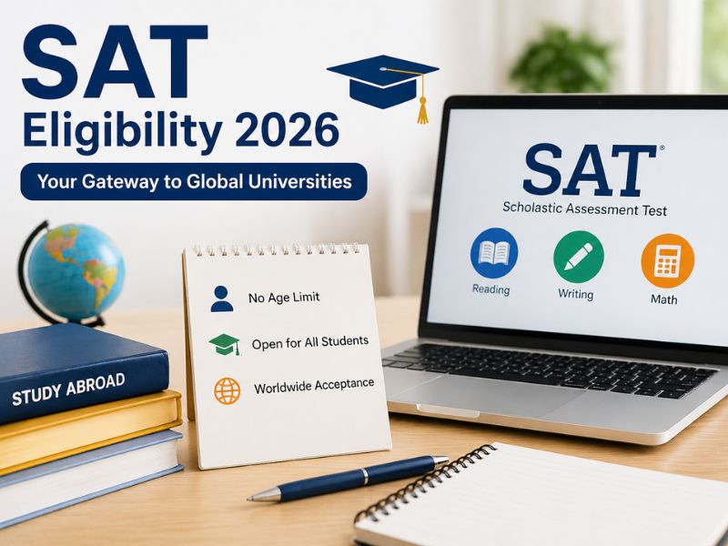Student preparing for SAT exam at a desk with laptop, study materials, and university admission documents.