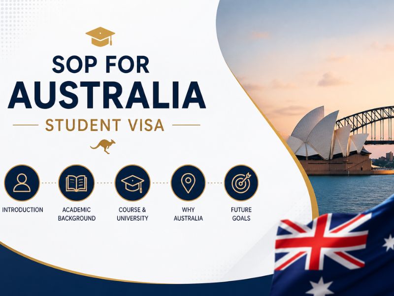 Professional Australia student visa SOP infographic featuring Sydney Opera House, Australian flag, clean blue-gold design, and key SOP sections including academic background, course selection, study goals, and visa planning.