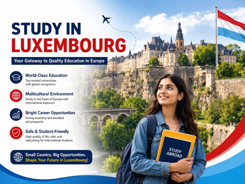 International students studying in Luxembourg with university campus, European cityscape, graduation cap, and study abroad concepts