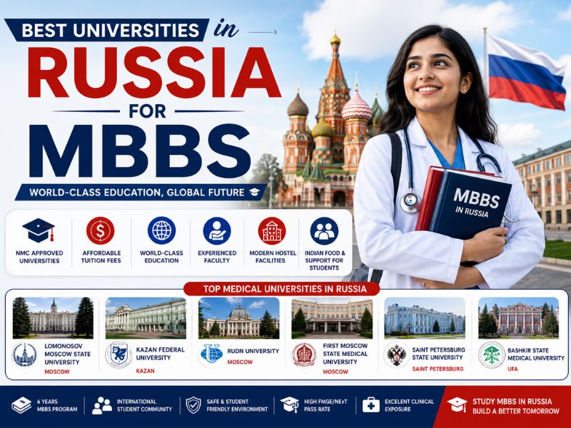 Top medical universities in Russia for MBBS with university campus, Indian medical student, doctor, and international education concept