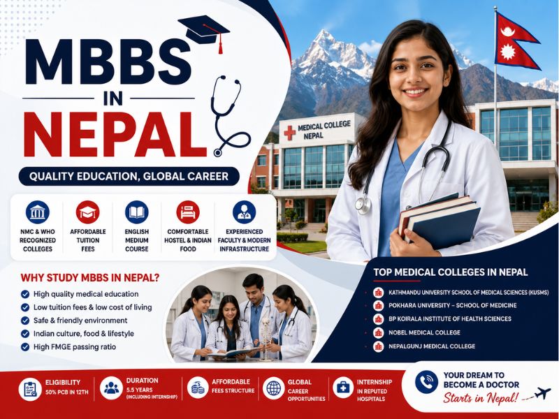 Indian student studying MBBS in Nepal with modern medical college, doctor, Himalayas, and international medical education concept