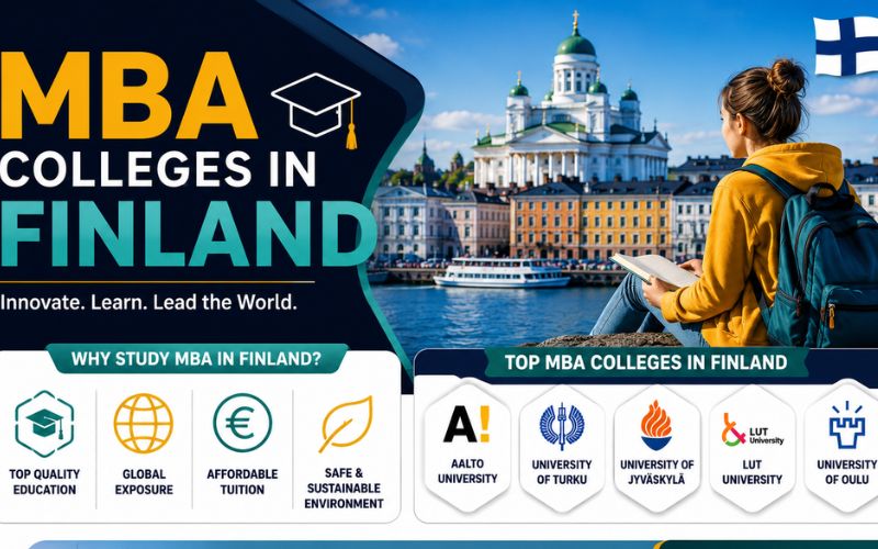 Top MBA colleges in Finland with modern university campus, business students, Helsinki skyline, and international education concept.