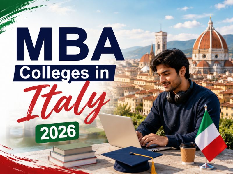 Students studying at top MBA colleges in Italy with a modern university campus, the Colosseum, and global business icons in the background.