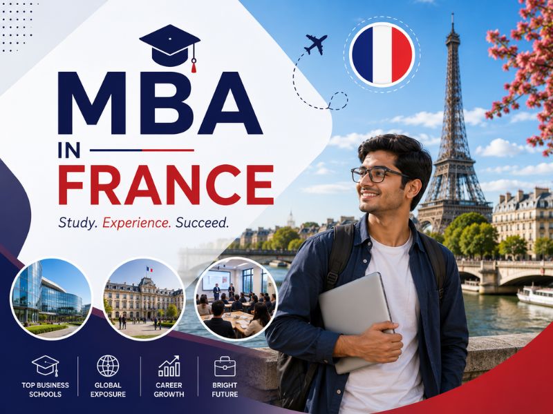 Indian students standing in front of a prestigious French business school with the Eiffel Tower, Paris skyline, graduation cap, and business icons in the background.
