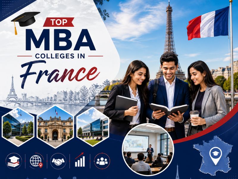 Top MBA Colleges in France 2026 featuring leading French business schools, international students, and the Eiffel Tower.
