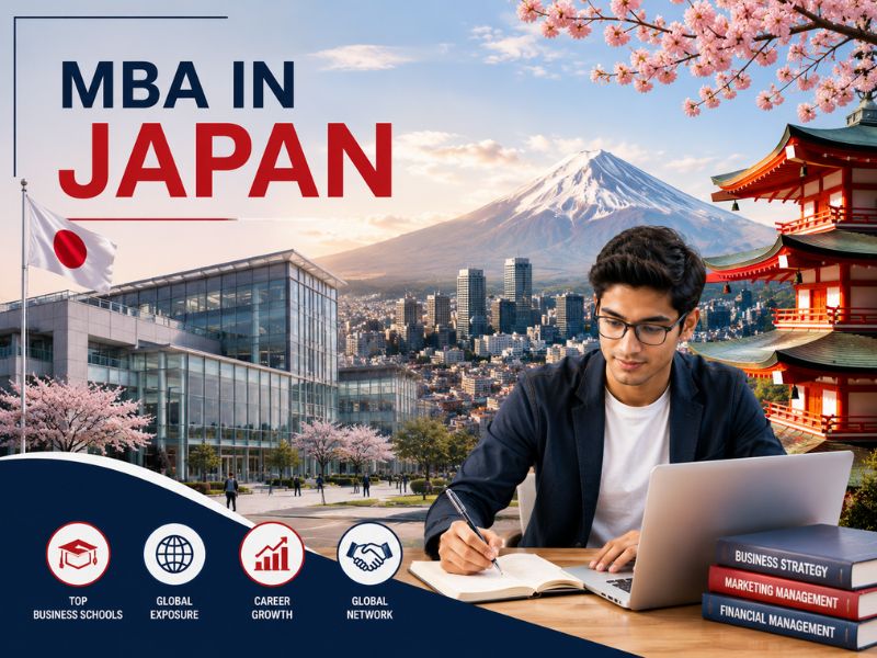 Indian students standing in front of a leading Japanese business school with Tokyo skyline, Mount Fuji, and modern campus representing MBA Colleges in Japan.
