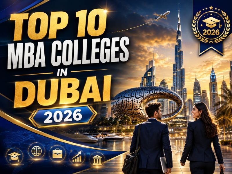 Indian students standing in front of modern Dubai business schools with Burj Khalifa, Dubai skyline, and graduation cap representing the Top 10 MBA Colleges in Dubai.