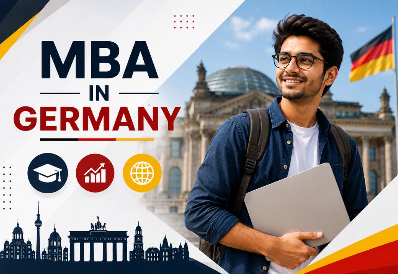 Indian students studying MBA in Germany with a modern university campus, German flag, graduation cap, and Berlin skyline representing tuition-free MBA opportunities.