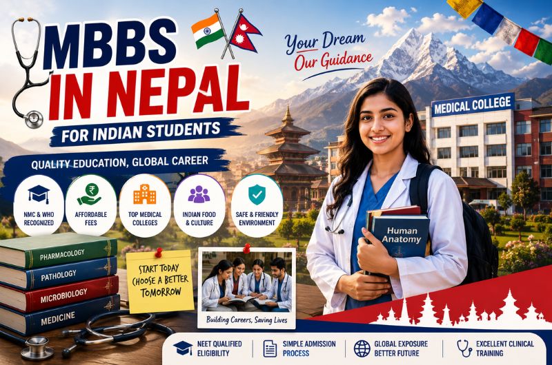 MBBS in Nepal for Indian Students 2026 with medical student, Nepal medical college, Himalayas, and clinical education