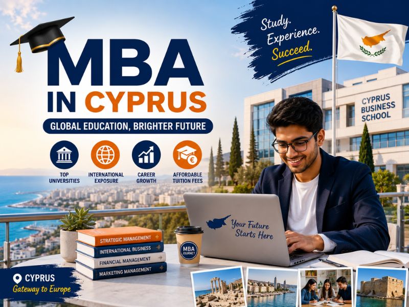 MBA in Cyprus 2026 with international student, Cyprus business school, Mediterranean cityscape, and global education opportunities