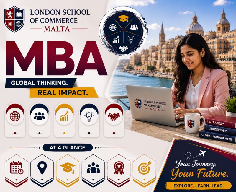 London School of Commerce Malta MBA 2026 with female international student studying in Malta and global career opportunities