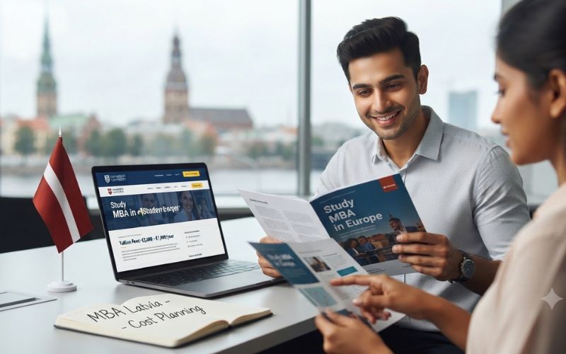 Indian students discussing MBA in Latvia fees and study options abroad