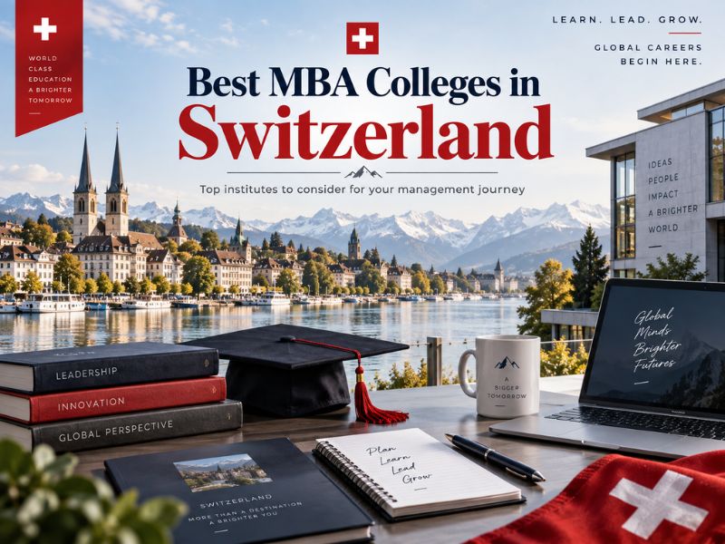 Modern campus view of best MBA colleges in Switzerland with international students and scenic background