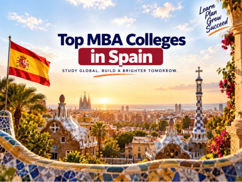 Modern campus view of top MBA colleges in Spain with international students