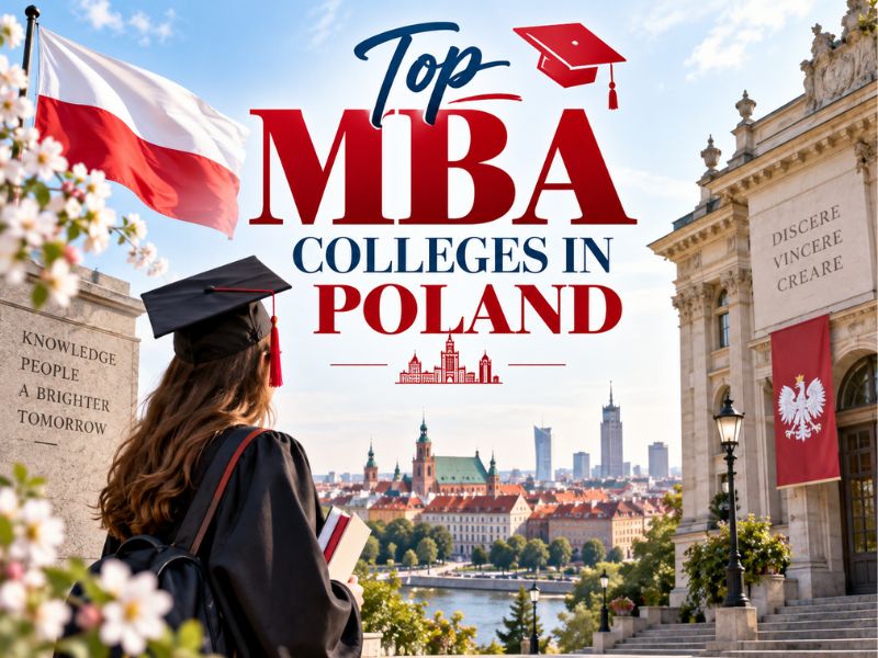 Modern campus view of top MBA colleges in Poland with international students