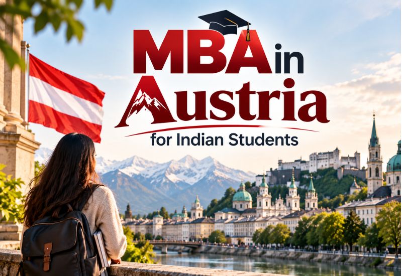 Indian students on a modern business school campus in Austria for MBA studies