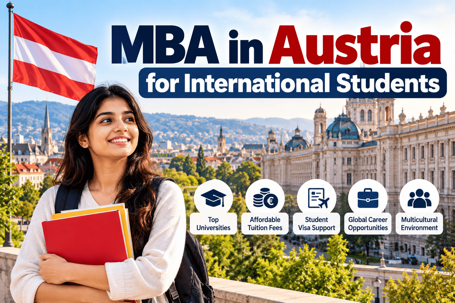 International business students discussing group projects on a modern university campus in Vienna, Austria