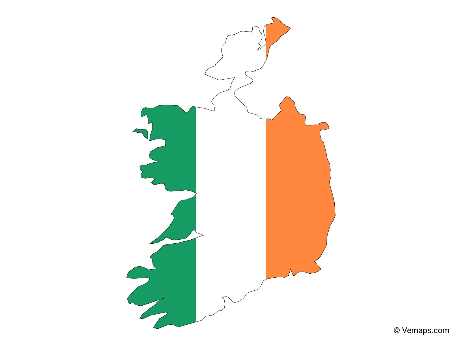 Outline map of Ireland filled with the Irish tricolor flag—green on the left, white in the center, and orange on the right—on a white background. flag