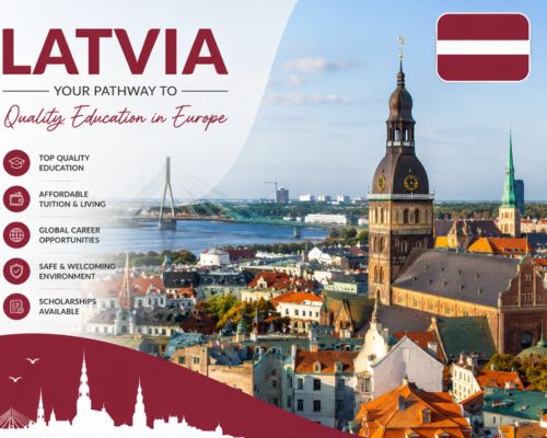 Latvia country card featuring Riga skyline, historic landmarks, Latvian flag, and highlights for studying in Europe.