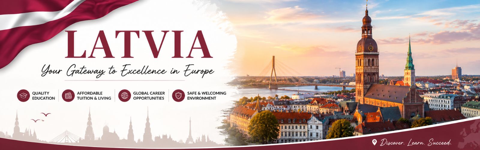 Latvia country card featuring Riga skyline, historic landmarks, Latvian flag, and highlights for studying in Europe.